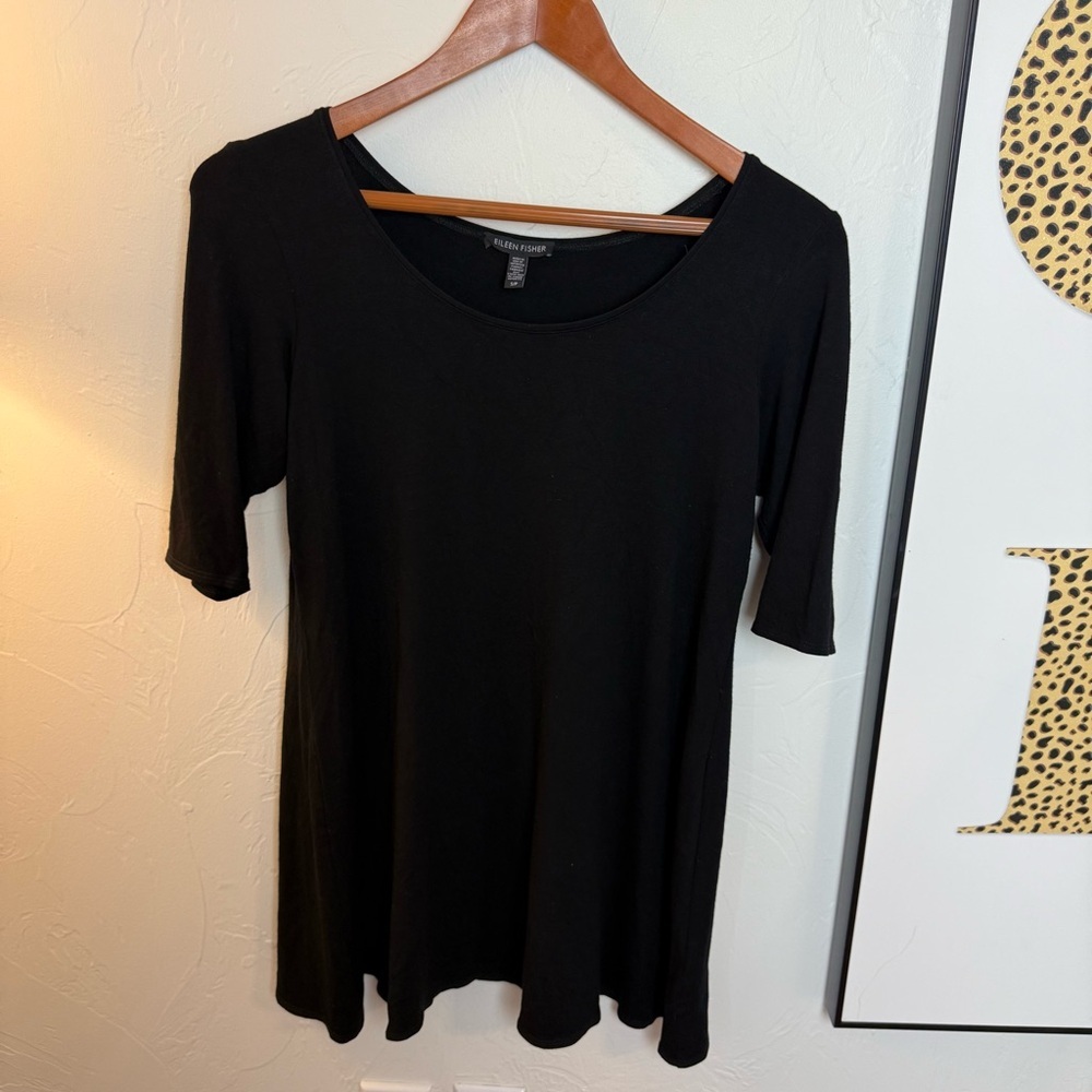 Eileen Fisher Black Elbow Sleeve Tunic Tee S/P NWOT